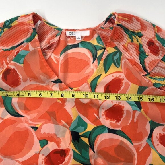 Anthropologie DR2 Womens Blouse Small Orange Tropical Floral Top Flutter Pleat - Picture 5 of 9